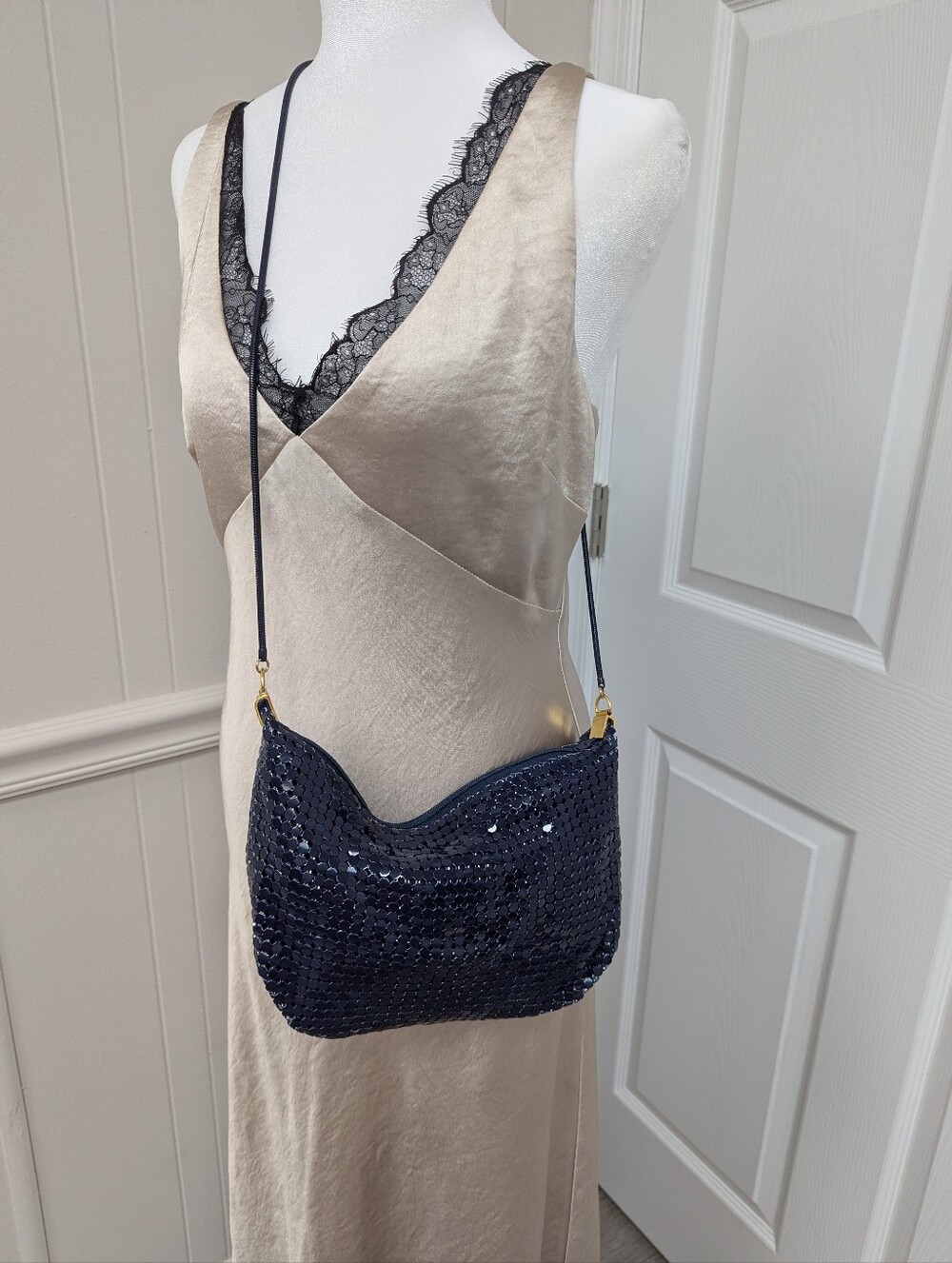Vintage Sequin Evening Clutch in Navy Blue